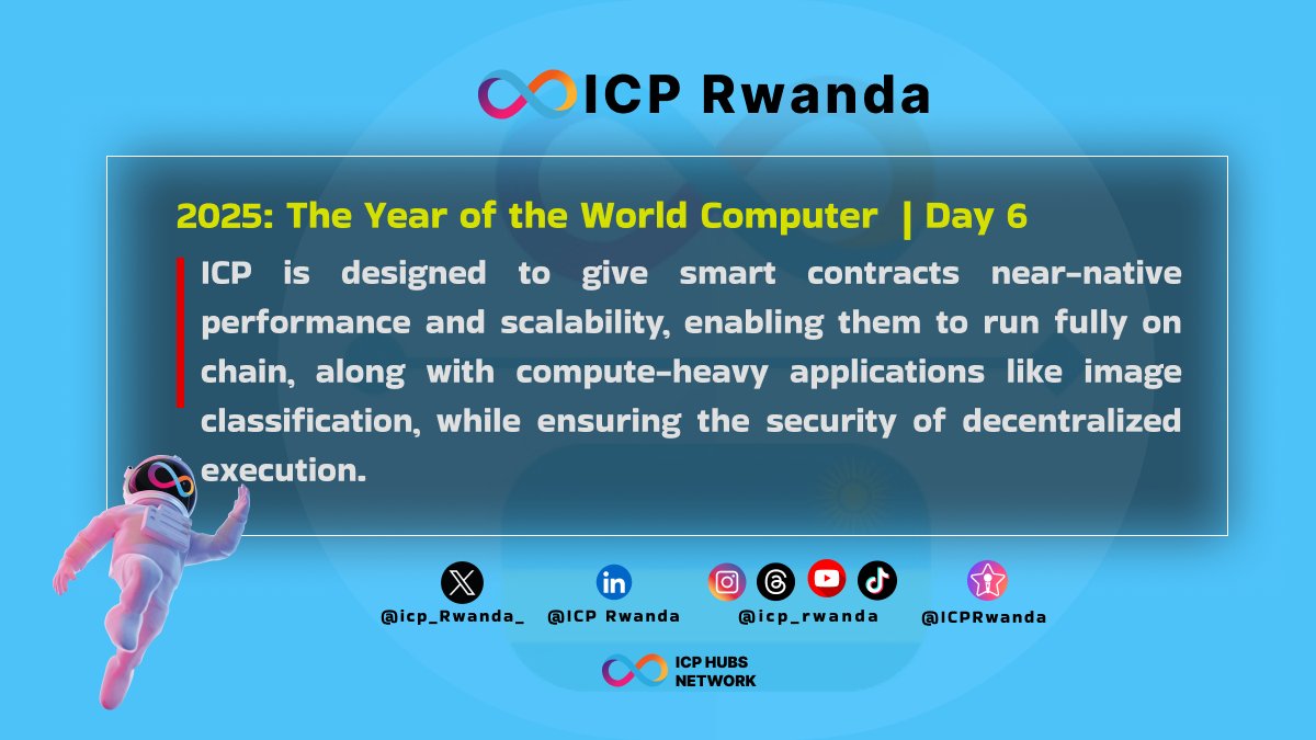 🚀 𝟮𝟬𝟮𝟱: 𝗧𝗵𝗲 𝗬𝗲𝗮𝗿 𝗼𝗳 𝘁𝗵𝗲 𝗪𝗼𝗿𝗹𝗱 𝗖𝗼𝗺𝗽𝘂𝘁𝗲𝗿 📷

𝗗𝗮𝘆 𝟲/𝟯𝟲𝟱: ICP is revolutionizing the future of smart contracts with near-native performance &amp; scalability. Fully on-chain execution enables compute-heavy apps like image classification, all while