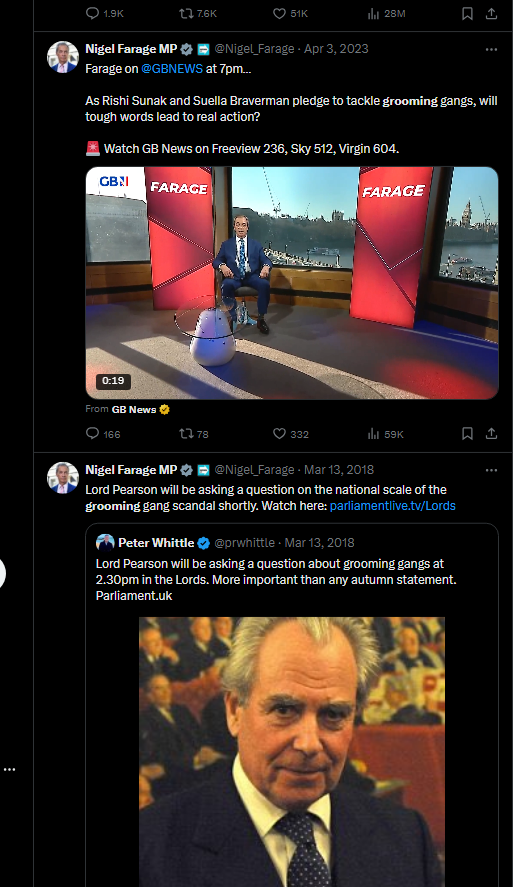 Farage demanding national inquiry about the scandal on the last few days

So interested in 'grooming' 5 tweets since 2017

Reform are playing you - they are feigning interest where none has existed previously despite the issues in the public domain