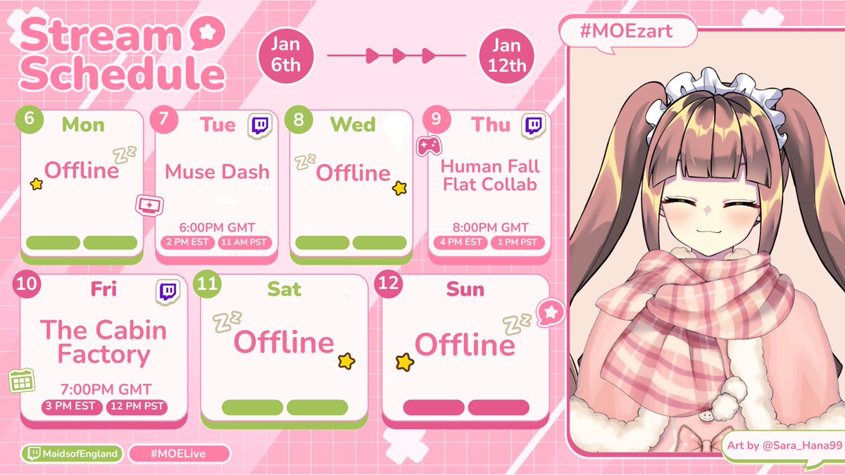 MaidMacaron_MOE's tweet photo. SCHEDULE for 6th - 12th! ποΈ
It's so cold... Please wrap up warm and take care when going outside MOEtakus!! Or, stay inside and game with us ehehe~
#MOELive #MacarOnline https://t.co/7Nsy1MGorY