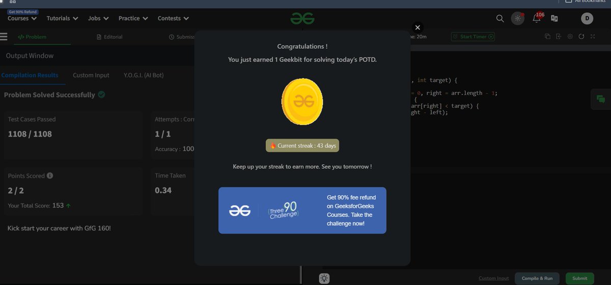 DeepakTyagi626's tweet photo. 🎉 Day 43: New Year, Same Hustle! 🎉
💡 Find pairs in arr[] with sum < target.
✨ Example: arr = [1, 2, 3, 4], target = 5 → Output: 4
🚀 Start 2025 strong with coding consistency!

#GfG160 #NewYearCoding #Consistency https://t.co/bO34uL3j9q