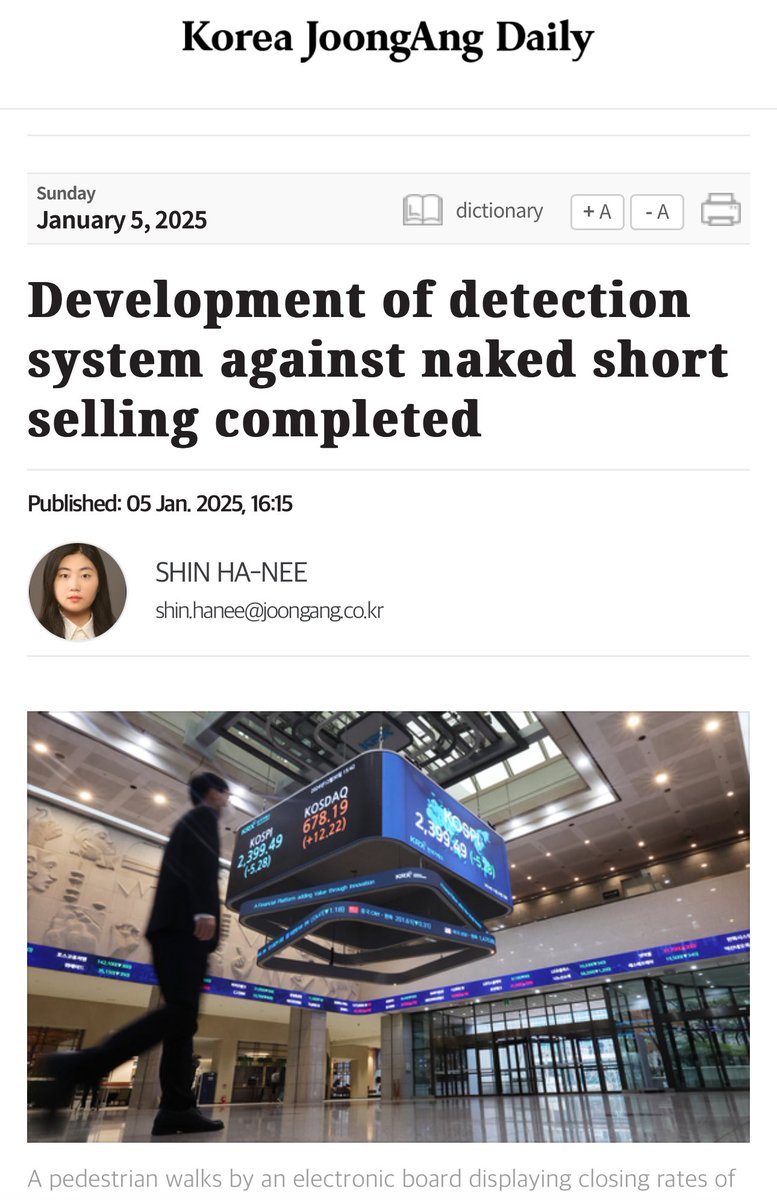 South Korea To Begin Testing Its Naked Short Selling Detection 
System Monday 1/6/25

  "Korea Exchange completed the development of a centralized detection system for short-selling transactions aimed at preventing illegal trading by institutional investors, the country’s bourse
