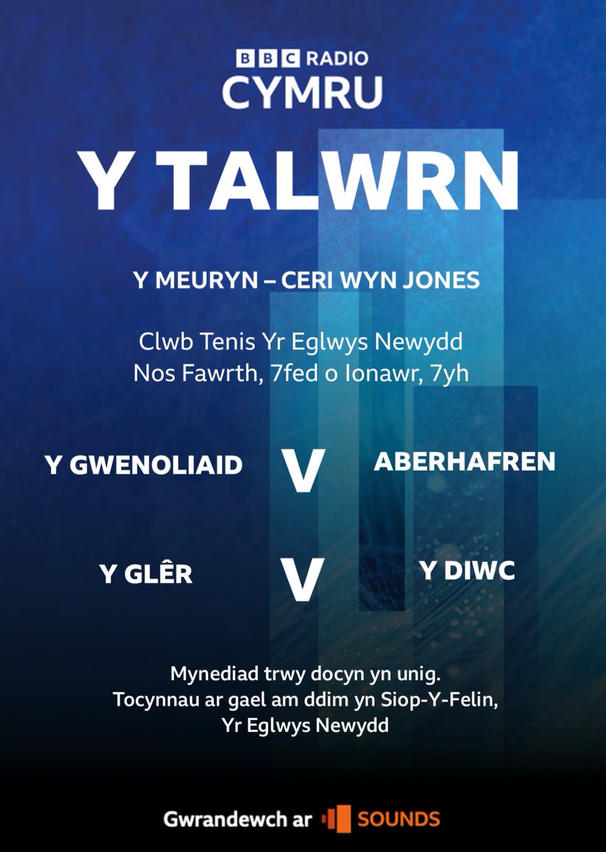 Awydd noson dda o farddoniaeth ar ddechrau blwyddyn?
Dewch draw i Glwb Tenis Yr Eglwys Newydd, Caerdydd nos Fawrth Ionawr 7 19:00 ar gyfer recordio'r Talwrn

COFIWCH  GAEL TOCYN YMLAEN LLAW👇 - NIFER CYFYNGEDIG AR GAEL

<a href="/trydarbarddas/">Barddas</a>  <a href="/MenterCaerdydd/">Menter Caerdydd</a> 

📻Y Talwrn