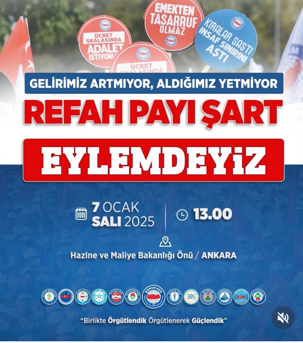 EYLEMDEYİZ 
Gelir adaleti için REFAH PAYI istiyoruz.
Kamu görevlilerinin yaşadığı mali kayıplarının telafisi ve REFAH PAYI için Hazine ve Maliye Bakanlığı önünde eylemde olacağız. 

🗓 7  Ocak 2025 (Salı)
🕐  13.00
📍 Hazine ve Maliye Bakanlığı Önü
<a href="/_aliyalcin_/">Ali YALÇIN</a> <a href="/EbsSivas/">EBS Sivas 1</a>