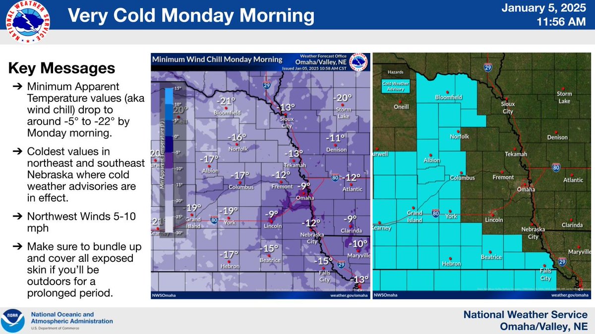 NWSOmaha's tweet photo. Very cold temperatures are forecast Monday morning. Minimum Apparent Temperatures (aka wind chill) of -5 to -22 are forecast. The coldest values are forecast for both northeast NE and southeast NE for Monday morning where cold weather advisories are in effect. Bundle up! https://t.co/jwQsWywy2F