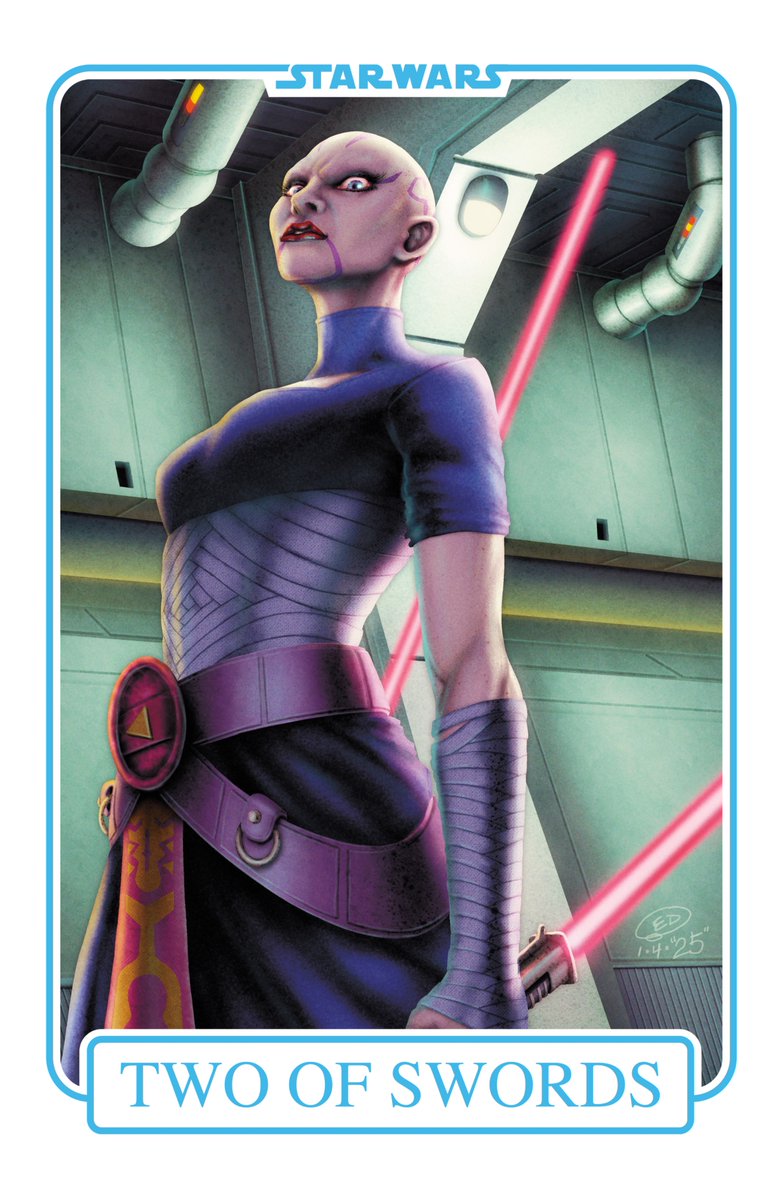 EdWatsonArt's tweet photo. Star Wars Tarot - The Sky River Deck:

Card 28: Two of Swords.
Characters: Asajj Ventress

**This is fan art. Star Wars ©Lucasfilm Ltd ©Disney.**

#TarotCards #StarWars #StarWarsTarotCards #Jedi #Sith #Asajj #Ventress #Disney #LucasfilmLtd #EdWatson #EdWatsonArt #NoAi https://t.co/ZfwamH20Pi