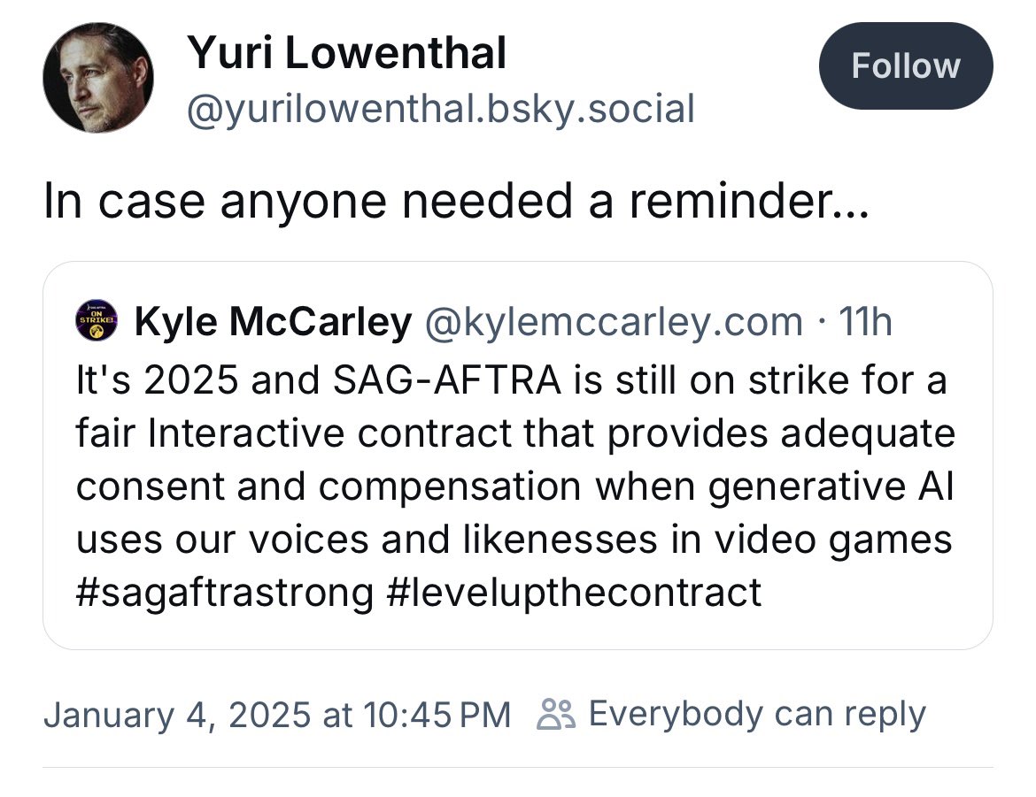 “But I heard the videogame strike was over”

“But I heard it was just Formosa and it’s been resolved”

“But I heard-“

There’s lots of misinformation about the strike.

What matters is what you’re not hearing - the voices of actors who are still striking.

sagaftra.org/contracts-indu…