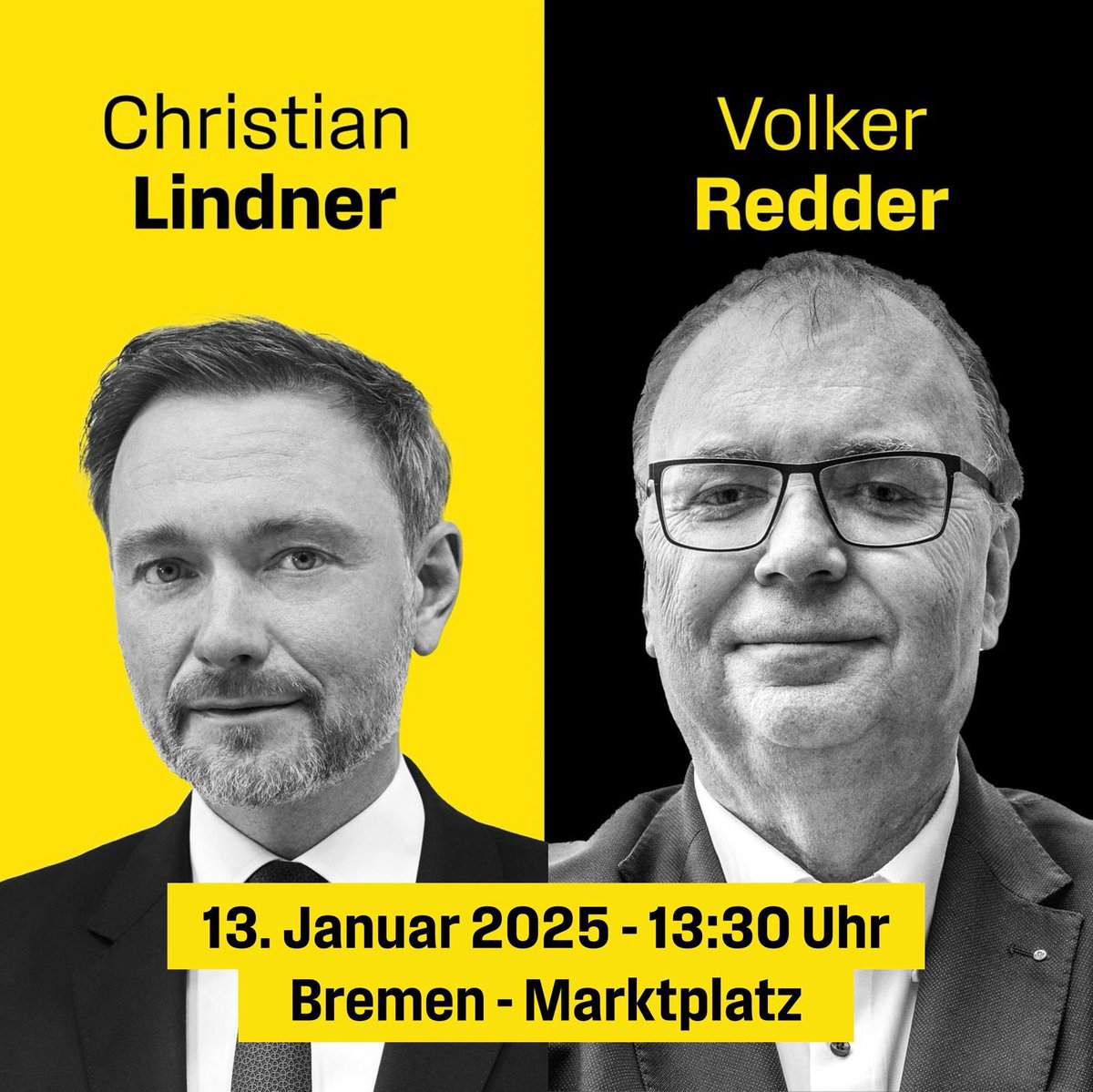 @christianlindner kommt nach Bremen! 

📆 13. Januar 2025
⏰ 13.30 Uhr
📍Bremen, Marktplatz 

Seid dabei! Weitere Informationen findet ihr unter fdp.de/tour25