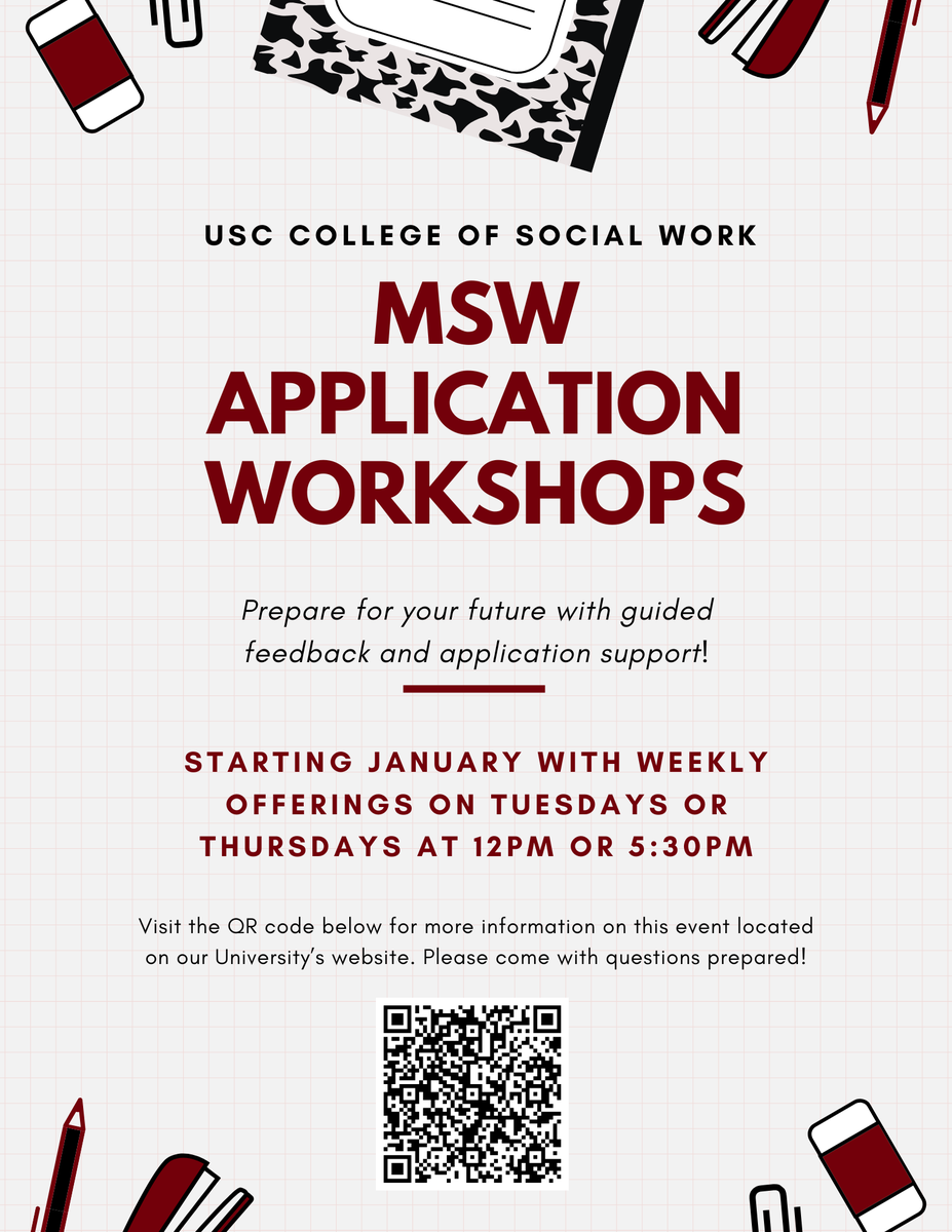uofsccosw's tweet image. Need some assistance in applying to our MSW program? Come join us Jan. 16 or Jan. 21 for a workshop -- we'll help and answer all of your questions!  📝More info and registration here: bit.ly/4go4lby #MSW #socialworkdegree #BeAChangeMaker