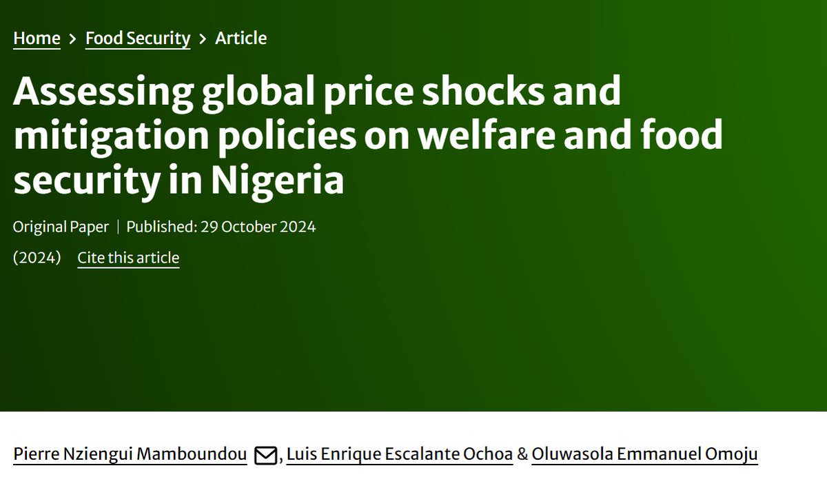 #NowReading Assessing global price shocks and mitigation policies on welfare and food security in Nigeria

By Pierre Nziengui Mamboundou, Luis Enrique Escalante Ochoa, and Oluwasola Emmanuel Omoju.

🖱️ doi.org/10.1007/s12571…

<a href="/CGIAR/">CGIAR</a> <a href="/IFPRI_Africa/">IFPRI_Africa</a>