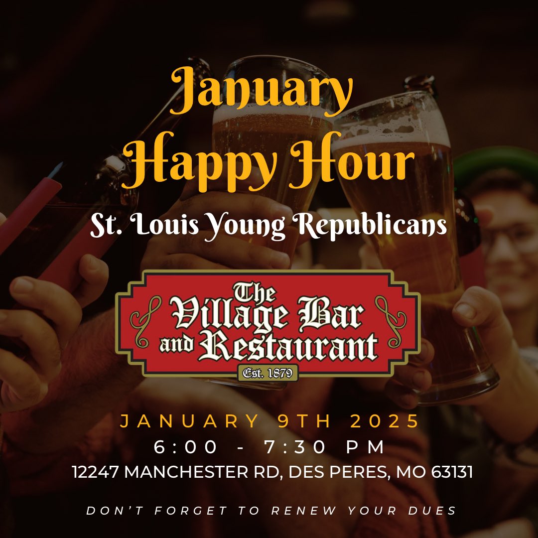 Join us for our monthly happy hour event at the Village Bar in Des Peres for delicious food, drinks, and informal networking. 🇺🇸

January Happy Hour - The Village Bar
Thursday, January 9, 2025 | 6:00 - 7:30 PM