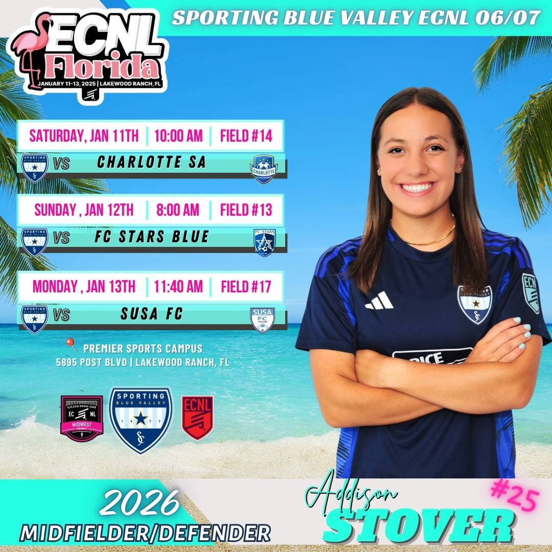 Addison Stover (@addisonstover07) on Twitter photo Surrounded by amazing trainers, teammates and coaches, it’s with great excitement to announce that I will be playing limited minutes next weekend at ECNL Florida. Come watch me play!
<a href="/sbv07/">Sporting Blue Valley ECNL 06/07</a> <a href="/ECNLgirls/">ECNL Girls</a> <a href="/ImYouthSoccer/">ECNL/GA/Recruiting/College Soccer</a> <a href="/TopDrawerSoccer/">TopDrawerSoccer</a> <a href="/TheSoccerWire/">SoccerWire</a> <a href="/PrepSoccer/">Prep Soccer ⚽️</a> <a href="/JREskilson/">J.R. Eskilson</a> Surrounded by amazing trainers, teammates and coaches, it’s with great excitement to announce that I will be playing limited minutes next weekend at ECNL Florida. Come watch me play!
<a href="/sbv07/">Sporting Blue Valley ECNL 06/07</a> <a href="/ECNLgirls/">ECNL Girls</a> <a href="/ImYouthSoccer/">ECNL/GA/Recruiting/College Soccer</a> <a href="/TopDrawerSoccer/">TopDrawerSoccer</a> <a href="/TheSoccerWire/">SoccerWire</a> <a href="/PrepSoccer/">Prep Soccer ⚽️</a> <a href="/JREskilson/">J.R. Eskilson</a>