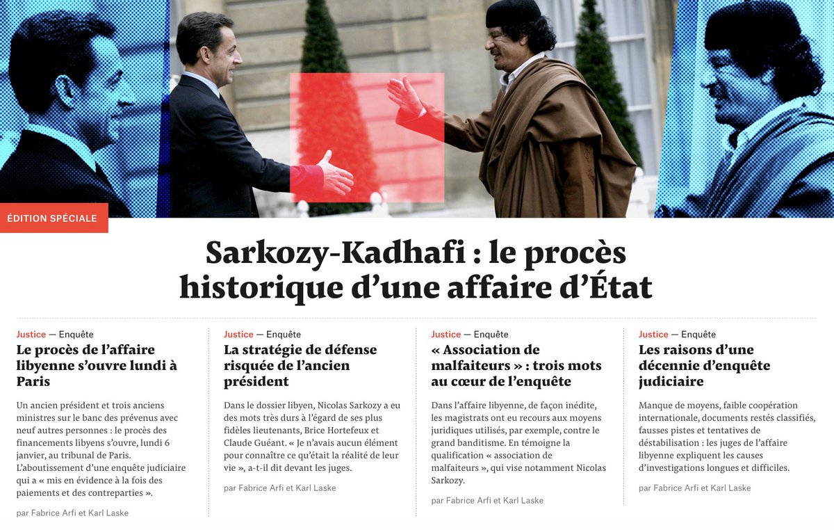 Nicolas Sarkozy, l'argent de Kadhafi ; 12 ans d'enquêtes journalistiques puis judiciaires, 3 mois de procès ; et un bout de l'histoire de la Ve République qui se joue à partir de demain.

Les enjeux d'un procès historique, à la une de <a href="/Mediapart/">Mediapart</a>.