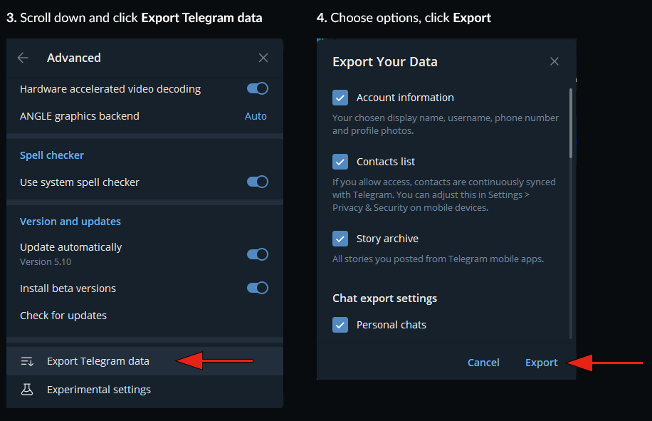 ❗PSA: Here's how to BACK UP YOUR CHATS AND CONTACTS ON TELEGRAM❗

On desktop, go to Settings -&gt; Advanced, scroll to the bottom and click "Export Telegram data".

You can then pick what you want to save (contacts, private chats, groups, media) and how to save it (HTML or JSON).