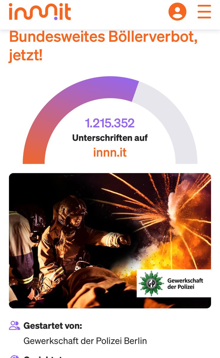 Die Million ist längst geknackt Stand: 19,55h. Weiter unterschreiben: Bundesweites Böllerverbot!👍
innn.it/boellerverbot