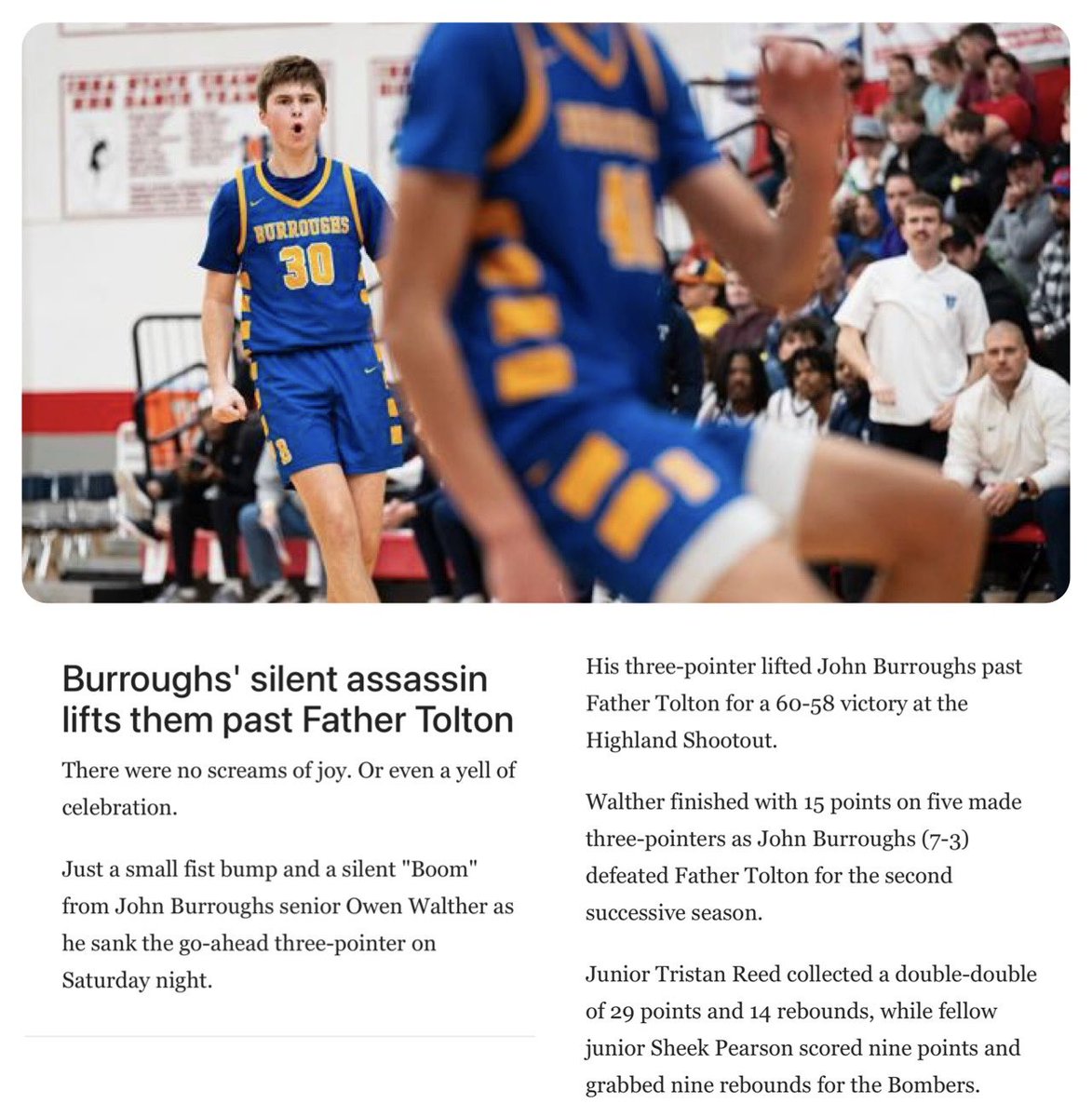 JBS Athletics (@jbsathletics) on Twitter photo Thanks to <a href="/pHalfacre_STL/">Paul Halfacre</a> for his coverage of the <a href="/JBSBoysHoops/">John Burroughs Boys Basketball</a> big win in Highland, IL last night over an excellent Father Tolton squad. Bombers were down by 2 with the final seconds ticking down when <a href="/OwenWalther10/">Owen Walther</a> buried a 3 from way downtown! Excellent team win by the 💣! Thanks to <a href="/pHalfacre_STL/">Paul Halfacre</a> for his coverage of the <a href="/JBSBoysHoops/">John Burroughs Boys Basketball</a> big win in Highland, IL last night over an excellent Father Tolton squad. Bombers were down by 2 with the final seconds ticking down when <a href="/OwenWalther10/">Owen Walther</a> buried a 3 from way downtown! Excellent team win by the 💣!