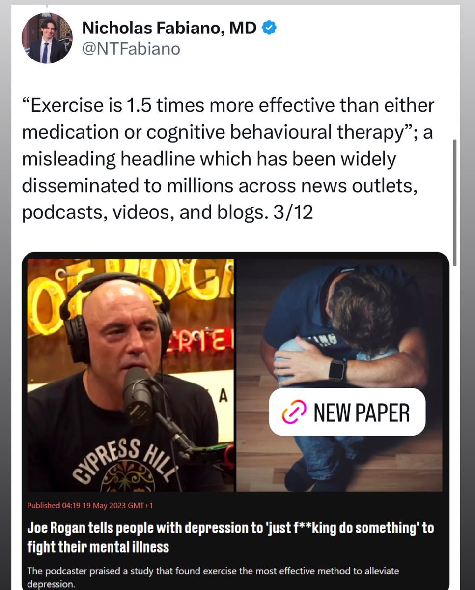 "Wide dissemination of the nonevidence-based claim that exercise is 1.5 times better than other first-line treatments may lead to direct harm to vulnerable patients, who may delay seeking specialist support or stop taking medications/attending therapy”

journals.humankinetics.com/view/journals/…