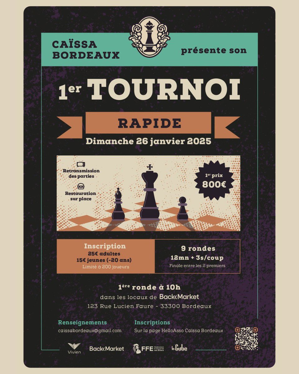Sebastien Mazé (@mazetovic) on Twitter photo Ce 26 Janvier , ce sera la fête des échecs à Bordeaux,dans les fabuleux locaux de <a href="/backmarket/">Back Market</a> . 200 joueurs et un plateau de Grand Chelem 😍 pour ce tournoi! Quelque soit votre niveau, vous êtes les bienvenus.
Le week-end risque de rester dans l’histoire <a href="/caissa_bordeaux/">Caïssa Bordeaux</a> Ce 26 Janvier , ce sera la fête des échecs à Bordeaux,dans les fabuleux locaux de <a href="/backmarket/">Back Market</a> . 200 joueurs et un plateau de Grand Chelem 😍 pour ce tournoi! Quelque soit votre niveau, vous êtes les bienvenus.
Le week-end risque de rester dans l’histoire <a href="/caissa_bordeaux/">Caïssa Bordeaux</a>
