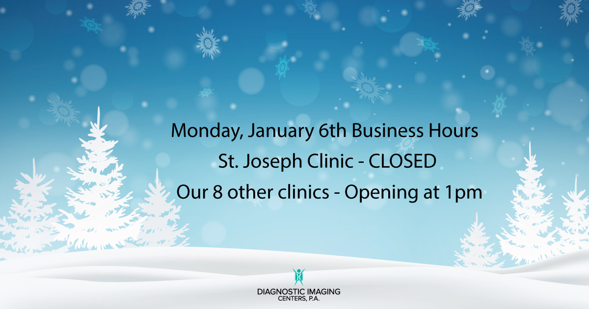Diagnostic Imaging (@dic_kc) on Twitter photo In order to keep our staff & patients safe, we will be altering business hours on Mon. January 6th. St. Joseph clinic will be closed all day. All other locations will open at 1pm. Patients are being notified via text message. Please call 816-444-9989 if you have any questions. In order to keep our staff & patients safe, we will be altering business hours on Mon. January 6th. St. Joseph clinic will be closed all day. All other locations will open at 1pm. Patients are being notified via text message. Please call 816-444-9989 if you have any questions.