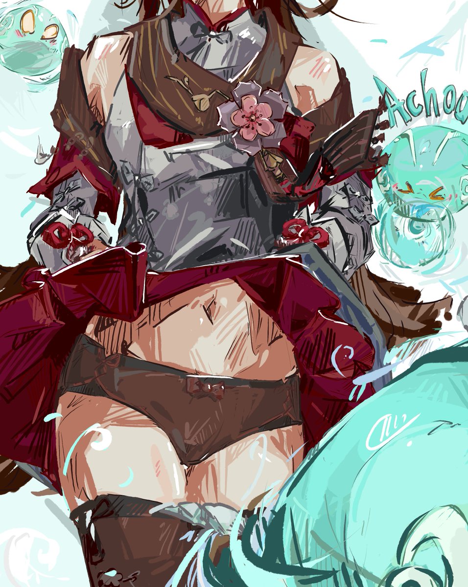 Mrullic's tweet image. Oh no, Traveler, Hu Tao is being attacked by anemo-slimes, why are you just standing there?!
#GenshinImpact #HuTao #CherriesSnowLaden
