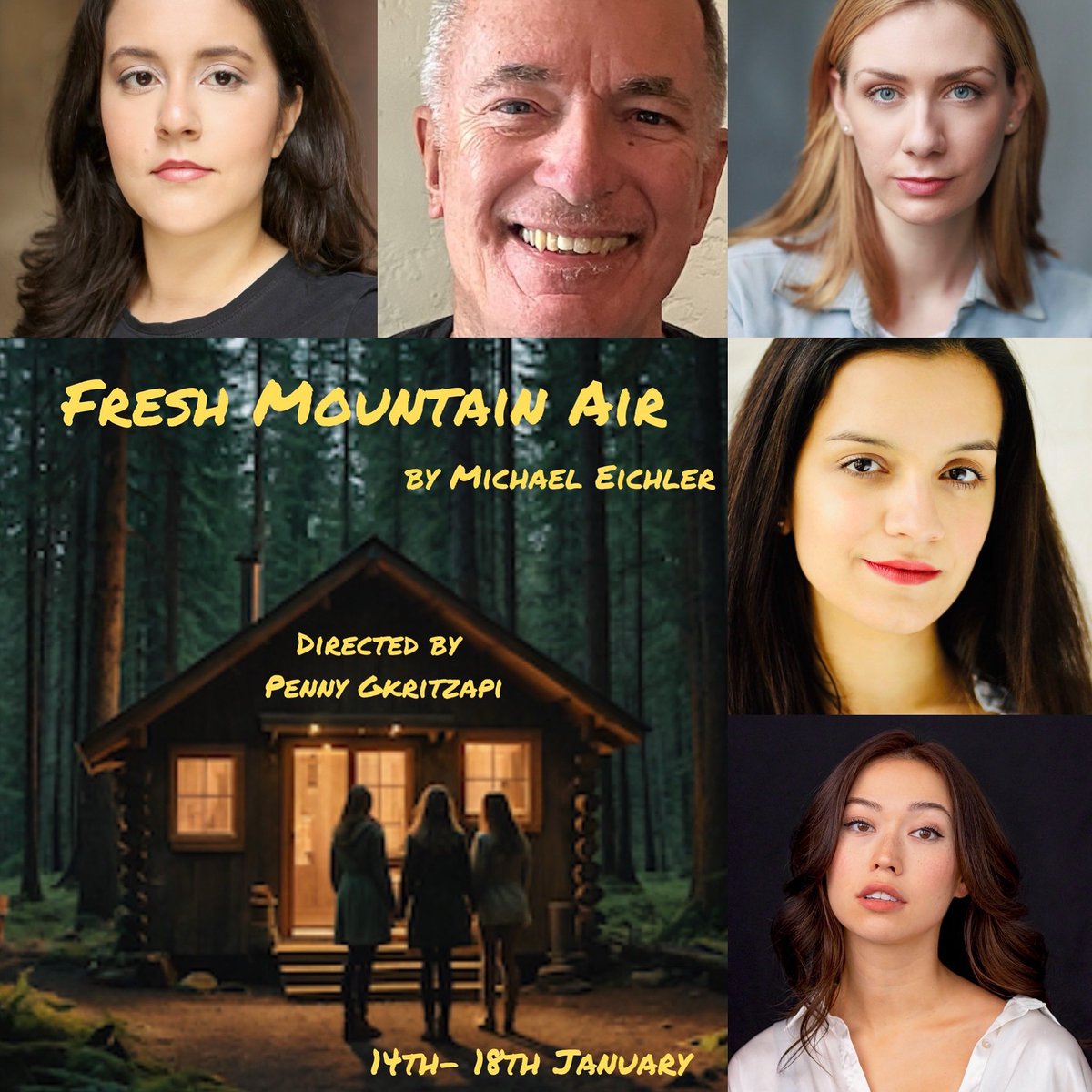 Fresh Mountain Air
by Michael Eichler 
Directed by Penny Gkritzapi 

Drayton Arms Theatre 14th-18th January 2025

Tickets at thedraytonarmstheatre.co.uk/tickets/fresh-… 

Performed by 
Olivia Cordell 
Julianna Galassi 
Julia Thurston 

Book your tickets to our world premiere!🎫 🎭