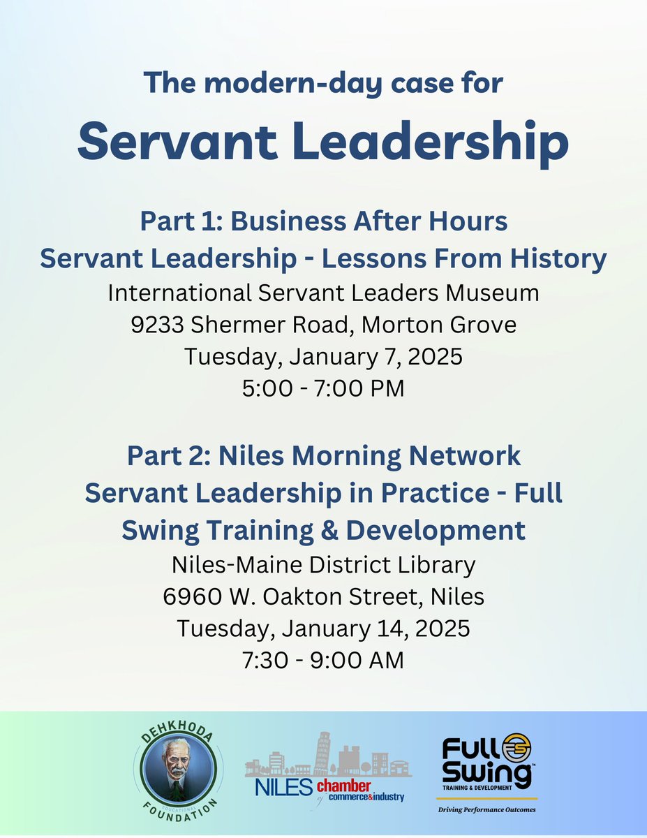 🎉 Join us Tues, Jan 7 @ 5 PM for a special Business After Hours at the International Servant Leaders Museum! Network, explore servant leadership, &amp; enjoy food/drinks. 🏛️🤝 Thx to <a href="/NilesChamber/">Niles Chamber</a> &amp; Morton Grove Chamber for making it happen! #Networking #ServantLeadership