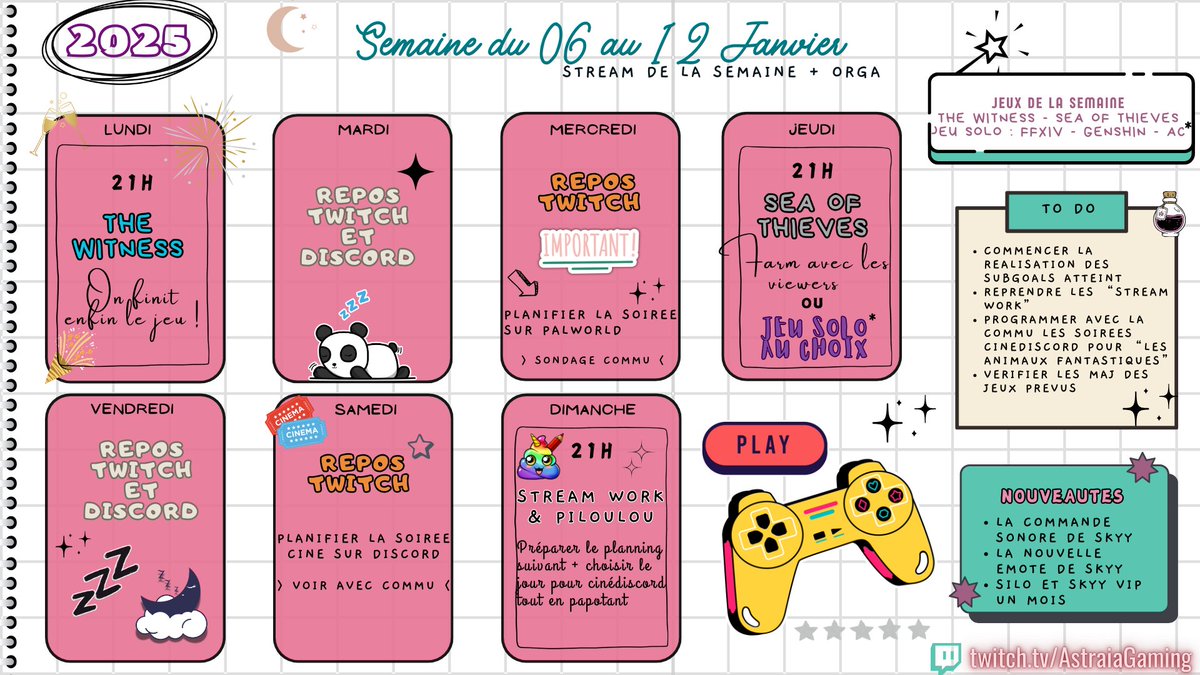 🥂Bonne année ici !✨
Voici le planning #stream #twitch de la semaine avec un des subgoal atteint en décembre qui sera fait dès demain : retourner sur le jeu de l'enfer💀 Et on le finira ! 

De plus, cette année je vais orga mon premier petit "tournoi" sur le jeu #Brawlhalla !