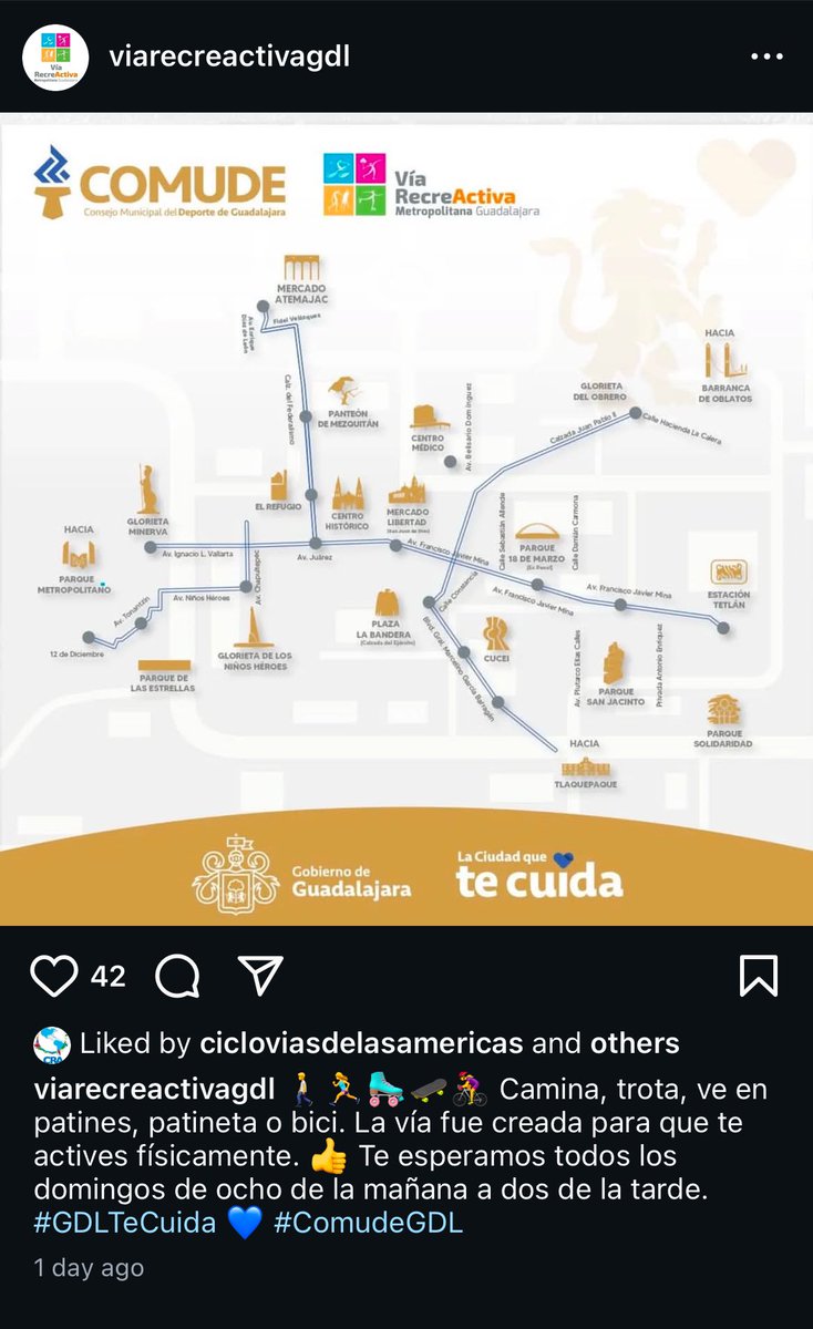 Everyone here knows how much I love the Bogotá Ciclovía. The world’s best replica is likely Guadalajara’s Via Recreativa. As seen below, the event connects people to parks, plazas, monuments, and the city center via car-free streets. Go! 
Gracias <a href="/via_recreactiva/">viarecreactivagdl</a> 👏🏻👏🏻