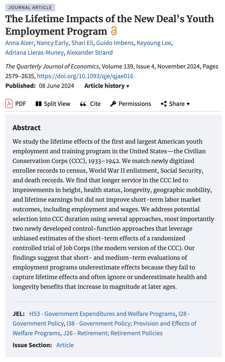 Another case where the short-term program effects are null, but long-term effects are substantial.

Kind of a problem since so much econ research is based on very high quality evaluations of short-term program effects.

academic.oup.com/qje/article/13…