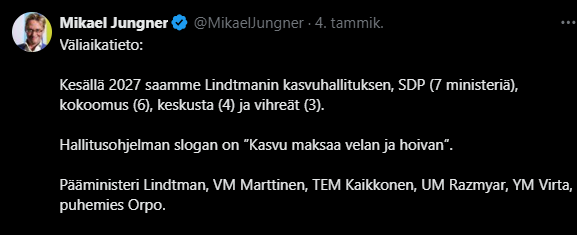 Saxophone_Harri's tweet photo. Ensin Juhana Vartiainen, sitten tämä Miihkali #Jungner.
Jo toinen lähetetty demarimyyra bongattu Kokoomuksessa. Look out, Mr. Orpo! https://t.co/xxKeG3H1pj
