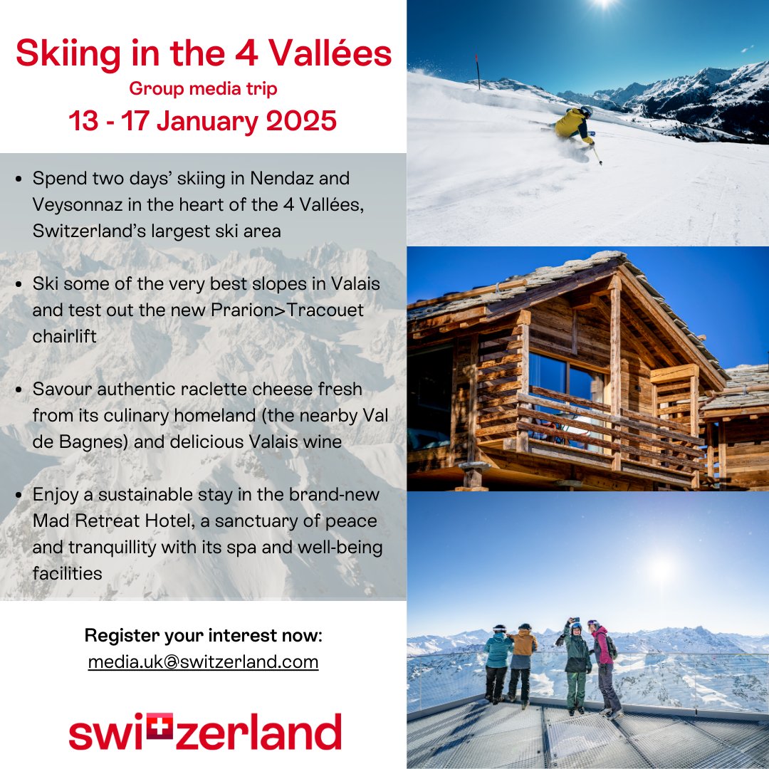 LAST-MINUTE SPACE on our group ski trip IN ONE WEEK to beautiful Nendaz in the 4 Vallées, Switzerland's largest ski area! UK and Ireland-based journalists and publications only please, no content creators, email us at media.uk@switzerland.com if you think it could be for you!🙏🇨🇭