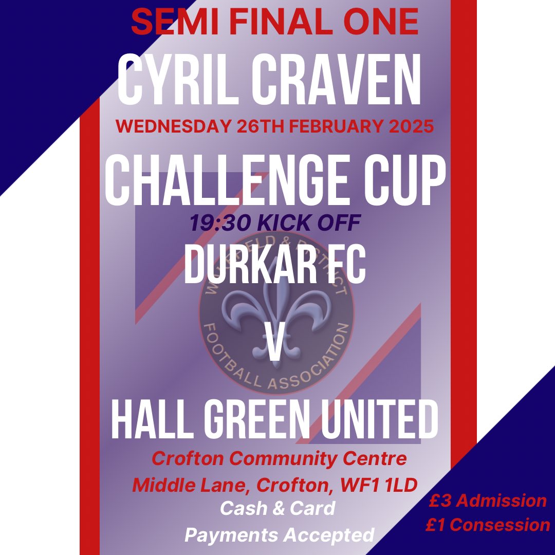 With one quarter final left to be played in the Cyril Craven Challenge Cup the semi final dates are set.

We are pleased to invite you to the first semi final of 2025. <a href="/DurkarFC/">Durkar Football Club</a> take on <a href="/HallGreen_Utd/">Hall Green United</a> to earn their place in this years final. ⚽️

#SemiFinal #CCCC #ChallengeCup