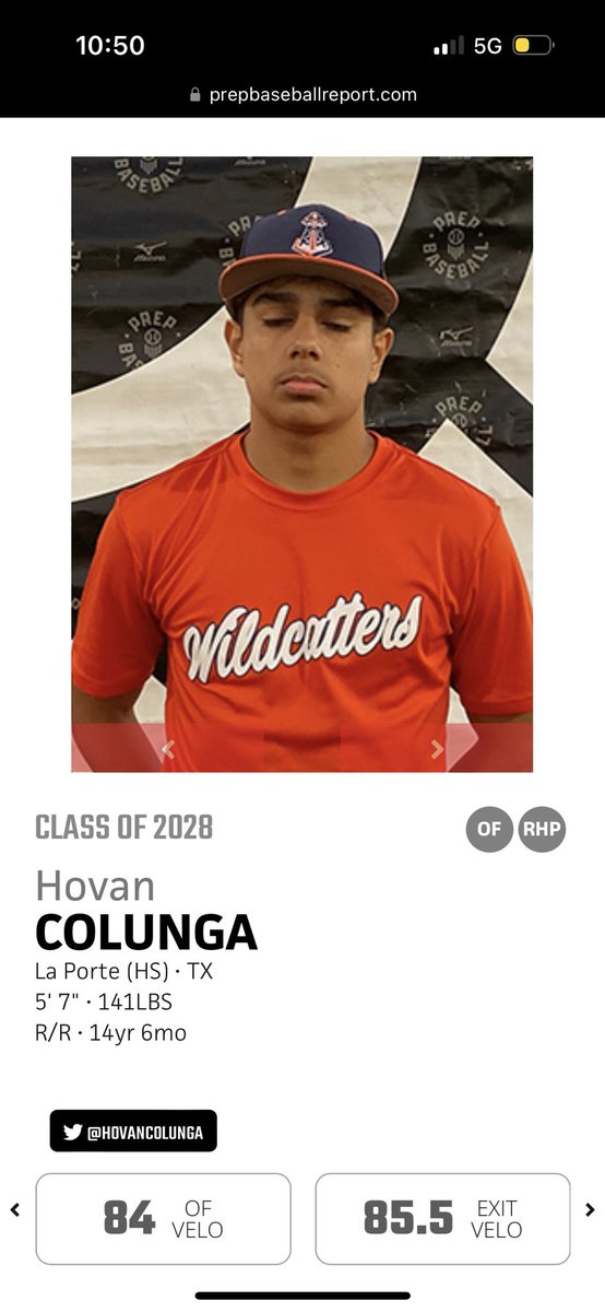 Top 20 at Wildcatters Scout Day for IF Velo &amp; OF Velo as a ‘28 grad on a list w/ 25’s, 26’s and 27’s

14 yrs 7 mo
5’7”
146 lbs
La Porte HS

Exit Velo 85.5
IF Velo 82 (PR 84)
OF Velo 84
60 7.18
FB 79.7 (PR 83)

<a href="/AmbresChip/">Chip Ambres</a> <a href="/PrimePJosh/">Josh | Prime Performance HTX</a> <a href="/Tyler_King19/">Tyler King</a> <a href="/WildcattersHS/">Wildcatters High School</a> <a href="/LPHSBaseball/">La Porte HS Baseball</a>