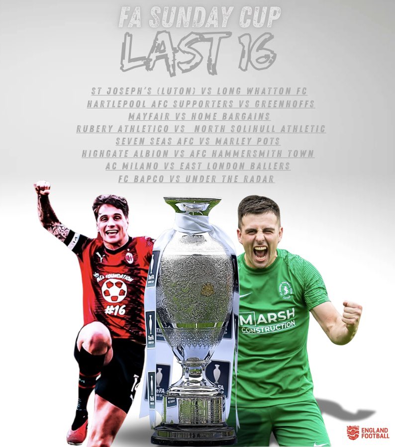 Oliver Sims (@olivergsims) on Twitter photo The <a href="/FASunday_Cup/">FA Sunday Cup</a> returns this month with the last 16 🏆.
8 brilliant games to look forward too🍿
🗓️ Ties to be played on Sunday 19th January 2025. The <a href="/FASunday_Cup/">FA Sunday Cup</a> returns this month with the last 16 🏆.
8 brilliant games to look forward too🍿
🗓️ Ties to be played on Sunday 19th January 2025.