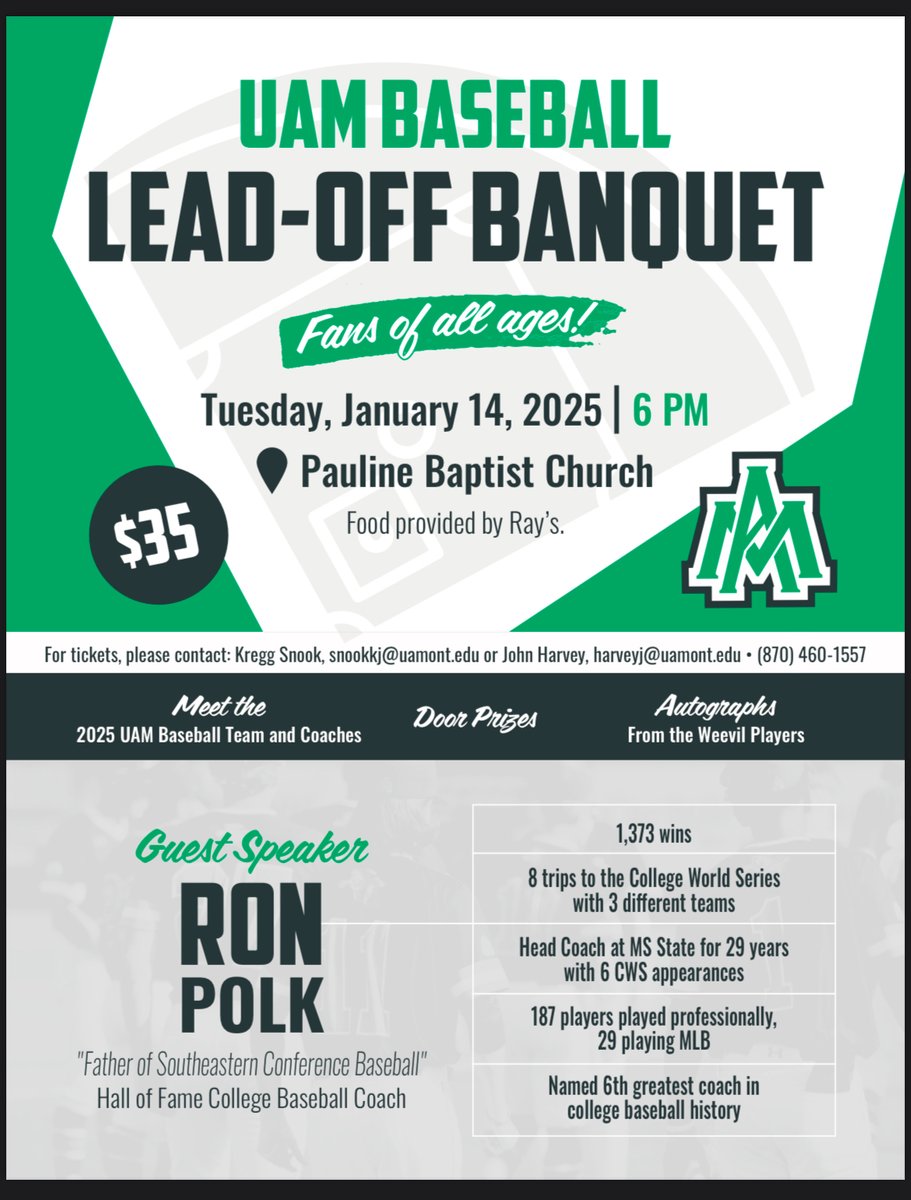 Support the @WeevilsBaseball team on Jan. 14 at the Lead-Off Banquet! ⚾

Fans of all ages are invited to meet the team and hear from special guest speaker and legendary coach Ron Polk.

Contact the baseball office or see a baseball player to purchase tickets.

📩: