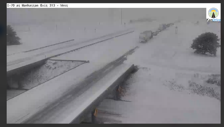 Looks like I-70 is starting to back up at exit 313 near Manhattan with people unable to drive on the interstate due to either shutdowns or accidents blocking the road. Looks like they may have to ride out the rest of the storm in their cars. Not ideal. #kswx