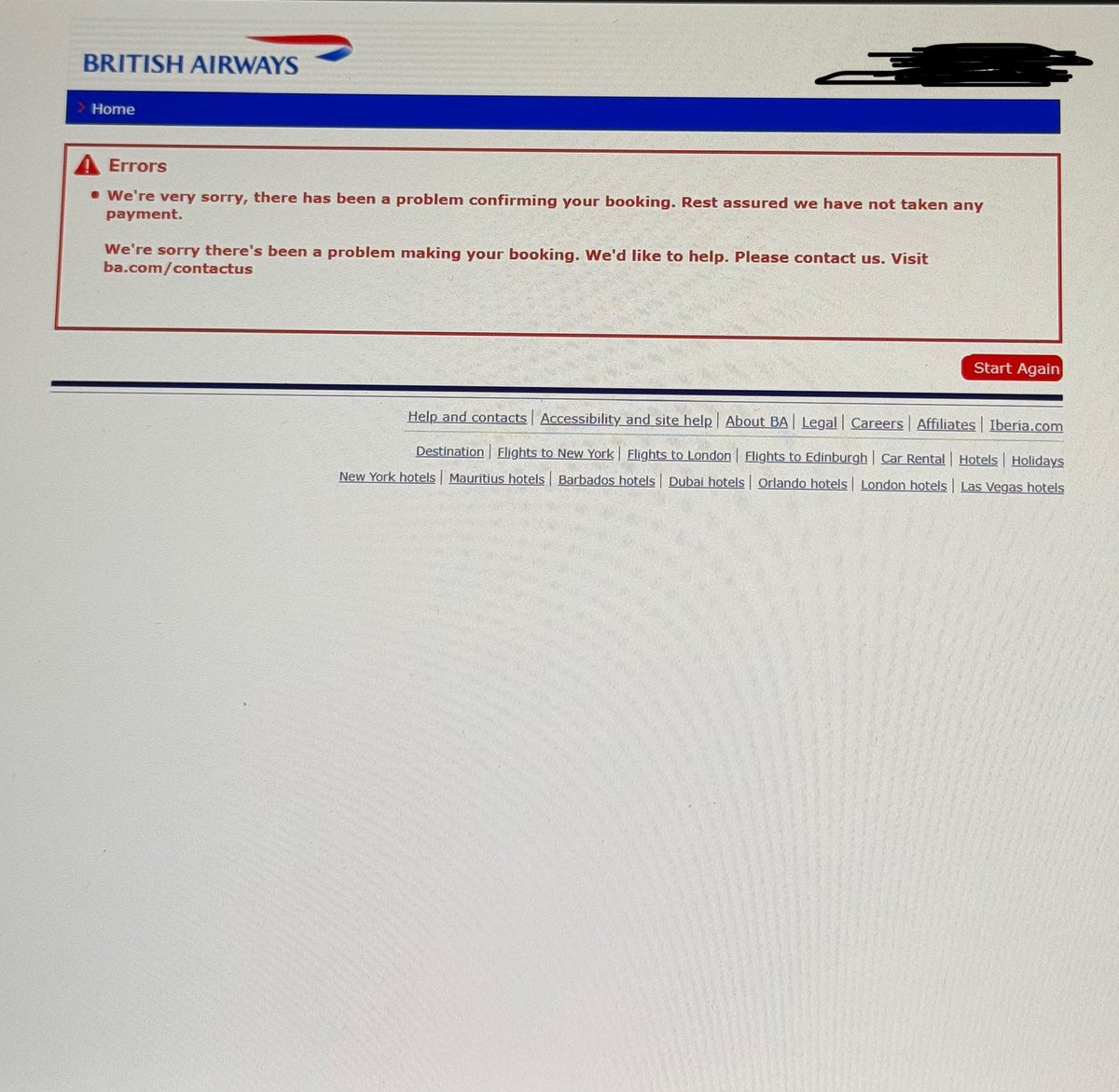 NosfusionX's tweet photo. @British_Airways spent 15min booking a holiday on your website all for this to be the outcome. You are beyond a joke of an airline. https://t.co/j8ft04gsfa