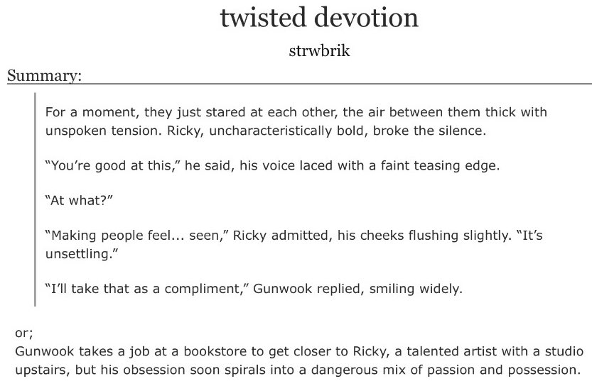 strwbrik's tweet photo. twisted devotion 

— geonrik
— 30k (1/1)
— explicit
— yandere stalker blood &amp; violence (+ more tags)
— ao3: https://t.co/KJypCKFqlG https://t.co/2iBOXfbjjc