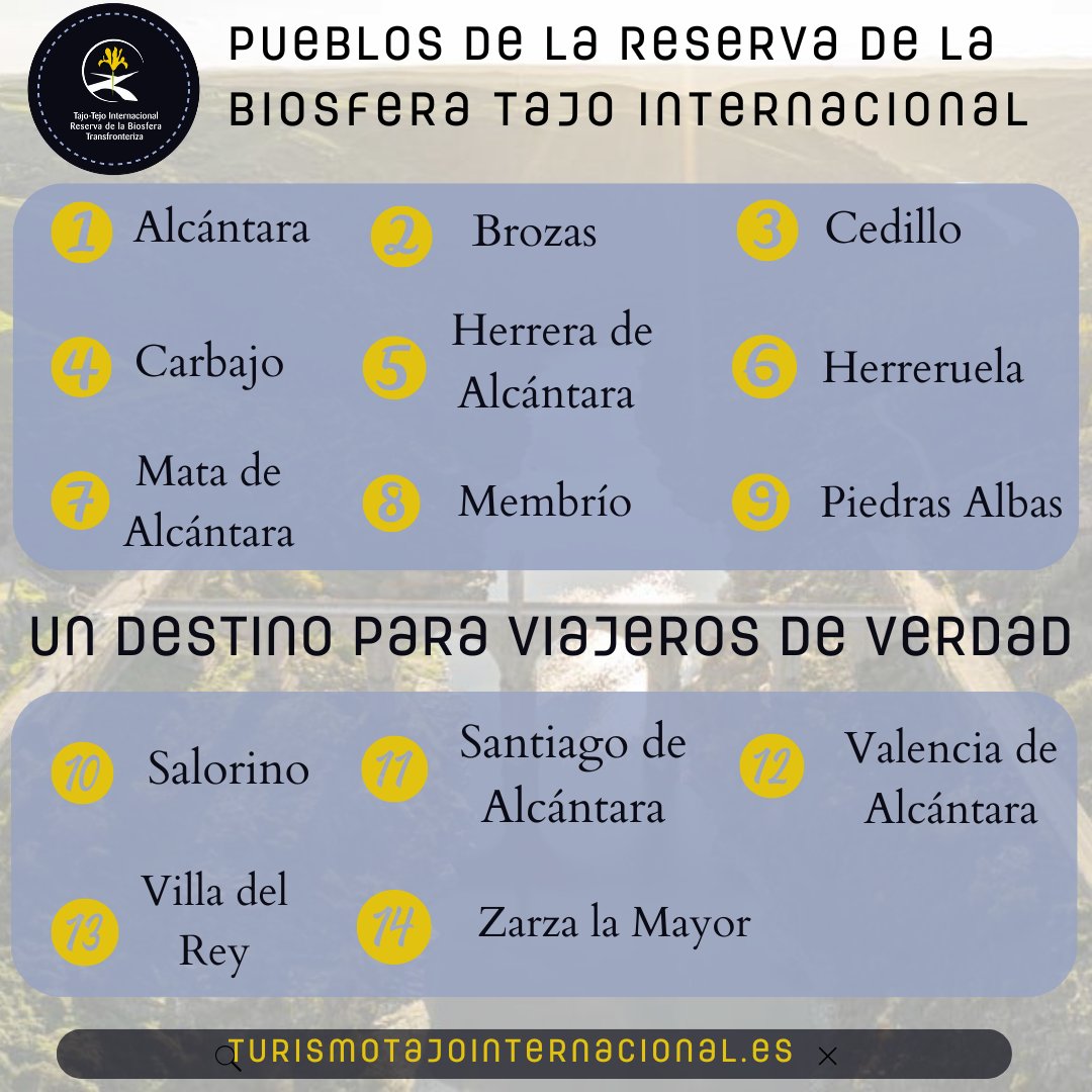 ¡Descubre los pueblos que forman la Reserva de la Biosfera Tajo Internacional! 📷
Cada uno tiene su propio encanto natural y cultural.
¿Ya los conoces todos?
¡Es el momento perfecto para explorar y disfrutar de este paraíso natural transfronterizo!
turismotajointernacional.es