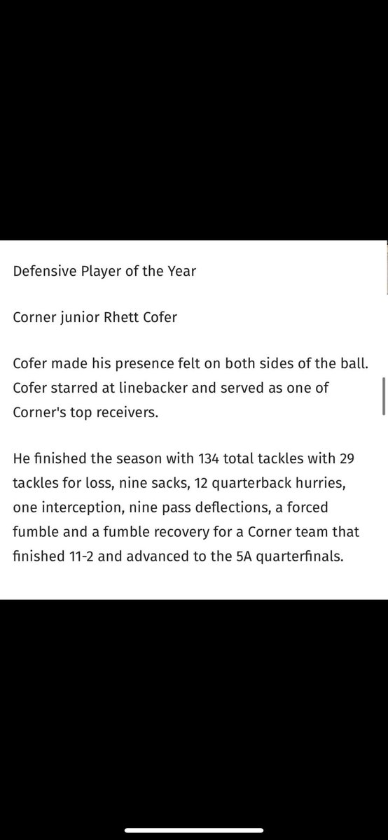 Honored to be the Daily Mountain Eagle defensive player of the year‼️‼️‼️ @cornerjackets <a href="/HallTechSports1/">Hall-Tech Sports</a> <a href="/PrepRedzoneAL/">Prep Redzone Alabama</a> <a href="/TopPreps/">College Coach / College Scout / College Recruiter</a> <a href="/AL_Recruiting/">AL Recruiting</a> <a href="/ScoutWatcher/">Scout Watcher</a>
<a href="/CoachJDon/">Jordan Donald</a> @TerrellBrown62 <a href="/CJacksonPRZ/">Connor Jackson</a> <a href="/joe_discher/">Joe Discher</a> <a href="/CoachSEllis/">SUMNER ELLIS</a> <a href="/Coach_Cam71/">Coach Cam Blankenship</a> <a href="/ElijahSandweiss/">Coach Elijah Sandweiss</a> <a href="/Coach_Hols/">Greg Holsworth</a>