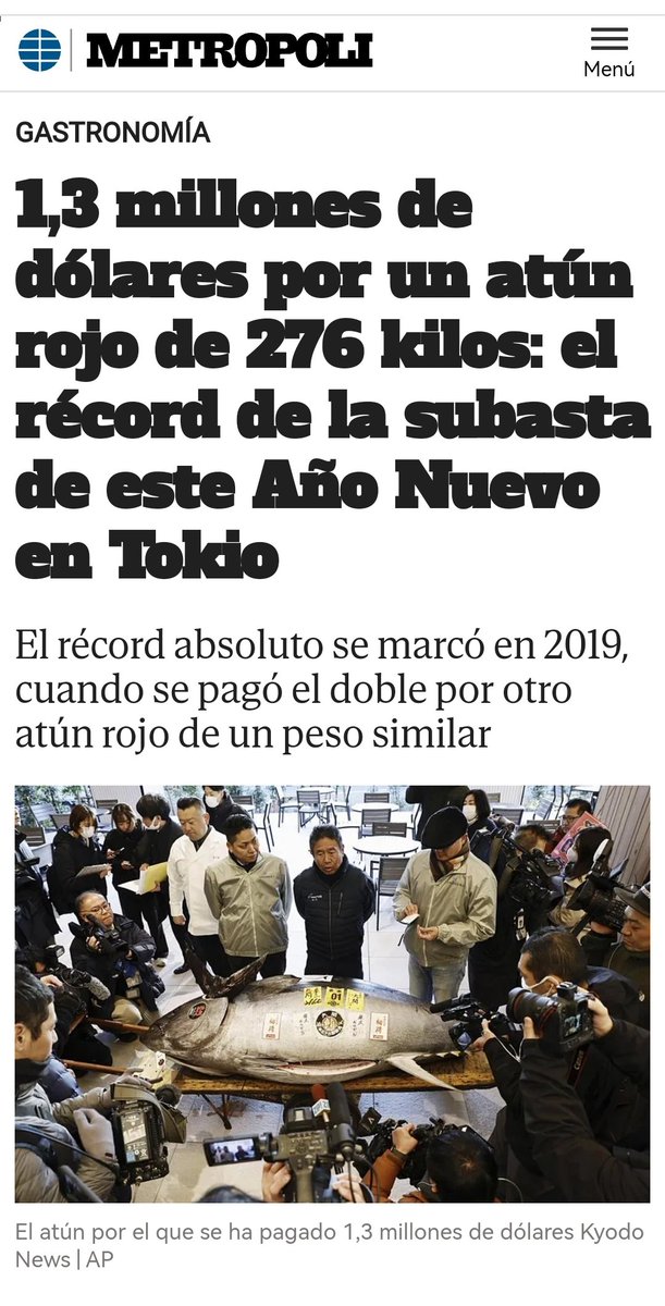 ¿Impresiona que se pague más de 1 millón de euros por un atún? ¿O el doble, como en 2019?
Pues por las angulas se llega a pagar casi triple!! 
La tontería pija no tiene límite. Y daría igual si no fuese porque por ella nos quedaremos sin anguila
