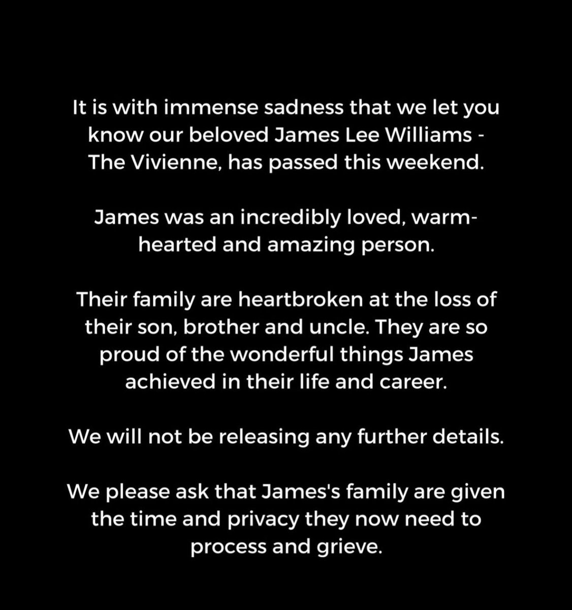 PopCrave's tweet image. Drag queen James Lee Williams, known as The Vivienne, has passed away aged 32.

They won the first season of ‘RuPaul’s Drag Race UK.’