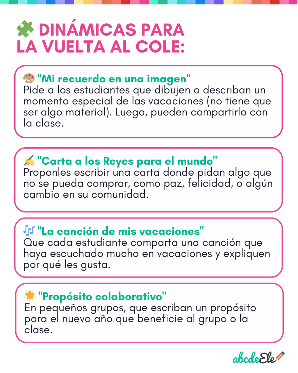 abcdeEle's tweet image. 🌟 Este año, cambiemos preguntas como "¿Qué te han traído los Reyes Magos?" por otras más inclusivas: 
✔ ¿Cuál fue tu mejor momento en vacaciones?  
✔ ¿Qué descubriste o disfrutaste más?  
🎨 Dibuja un recuerdo especial  
🎶 Comparte la canción de tus vacaciones