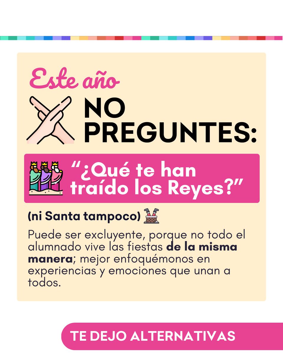abcdeEle's tweet image. 🌟 Este año, cambiemos preguntas como "¿Qué te han traído los Reyes Magos?" por otras más inclusivas: 
✔ ¿Cuál fue tu mejor momento en vacaciones?  
✔ ¿Qué descubriste o disfrutaste más?  
🎨 Dibuja un recuerdo especial  
🎶 Comparte la canción de tus vacaciones