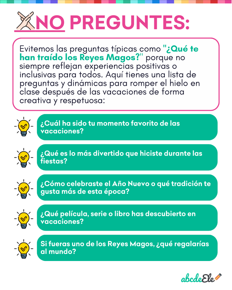 abcdeEle's tweet image. 🌟 Este año, cambiemos preguntas como "¿Qué te han traído los Reyes Magos?" por otras más inclusivas: 
✔ ¿Cuál fue tu mejor momento en vacaciones?  
✔ ¿Qué descubriste o disfrutaste más?  
🎨 Dibuja un recuerdo especial  
🎶 Comparte la canción de tus vacaciones