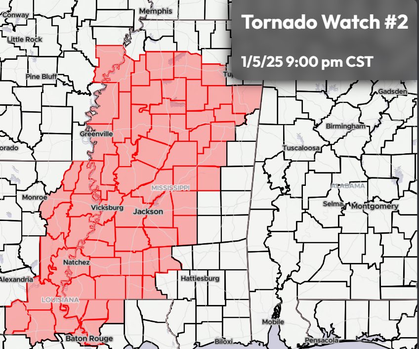 StormTrackingHQ's tweet photo. #TornadoWatch 02 has been issued for parts of #Mississippi, #Louisiana and #Arkansas until 9:00 pm CST #wxtwitter #wxX #severewx #severe #severeweather #Tornado #EnhancedRisk #mswx #arwx #lawx #Natchez #Greenville #JacksonMS #BatonRouge #Vicksburg #PhiladelphiaMS
A few #tornadoes likely
Isolated #hail up to ping pong size possible
Scattered gusts up to 75 MPH likely