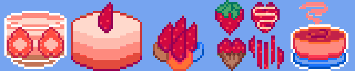 Spiritmatsu's tweet photo. #strawberry, #pixel_dailies @Pixel_Dailies 

Since today is day 5, I went with 5 different strawberry themed foods, and a strawberry tea. Each icon fits 32x32 pixels. https://t.co/eza5OEsjek