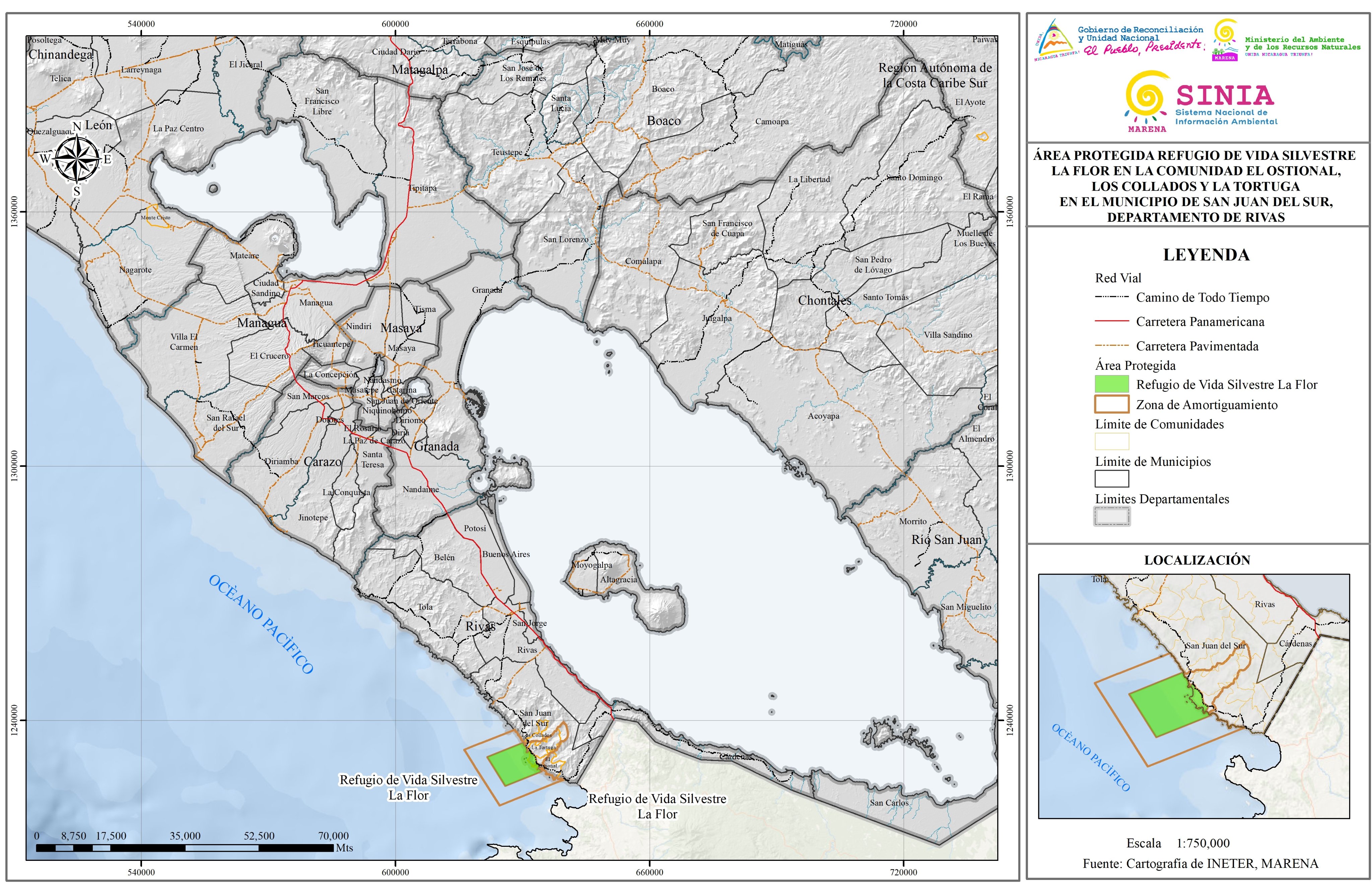 Mapa de ubicación del Refugio de Vida Silvestre La Flor, San Juan del Sur, Rivas