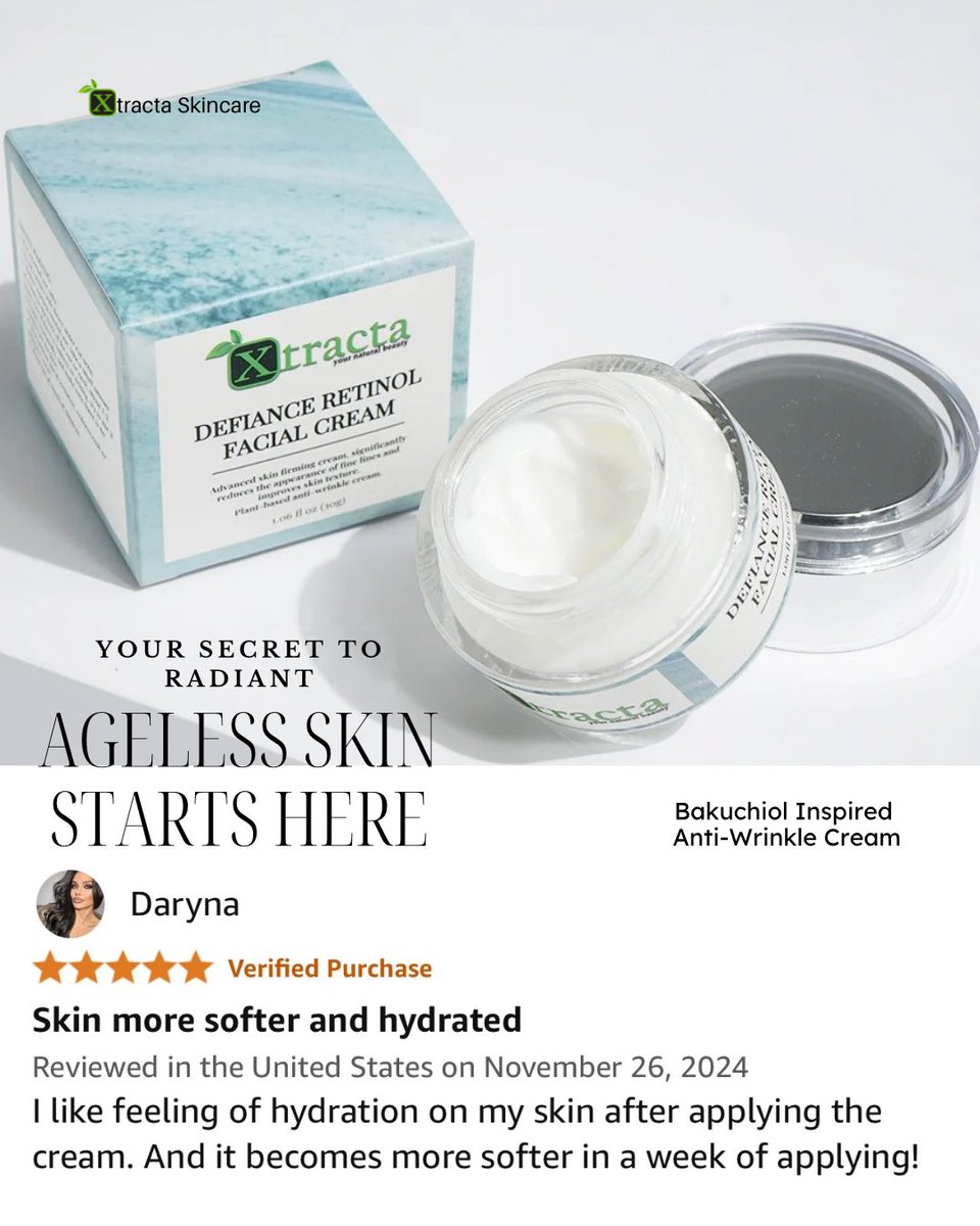 xtracta's tweet photo. Imagine a skincare ritual that feels like a luxurious indulgence—a treat your skin looks forward to every single day.

Our Defiance Retinol Facial Cream isn’t just a moisturizer; it’s your personal time machine, powered by the innovative SYN-AKE peptide that mimics the smoothing effects of Botox, minus the needles.

Why You’ll Love It:
✨Visible Results: Watch fine lines, wrinkles, and dark spots fade, unveiling the glowing, youthful skin beneath.
✨A Moment of Self-Care: Elevate your routine with a creamy, velvety texture that pampers your senses and nourishes deeply.
✨Confidence in a Jar: Because radiant, smooth skin doesn’t just look good—it feels amazing.
✨Smart Luxury: Perfectly blends affordability with the innovation of high-end skincare.

Whether you’re treating yourself to a well-deserved luxury or gifting someone special, Defiance Retinol Facial Cream makes a statement:
I care. I invest. I glow.

Upgrade your skincare and embrace the art of aging gracefully. Click below to learn more and claim your glow today!

https://t.co/nxUymwqJzq
