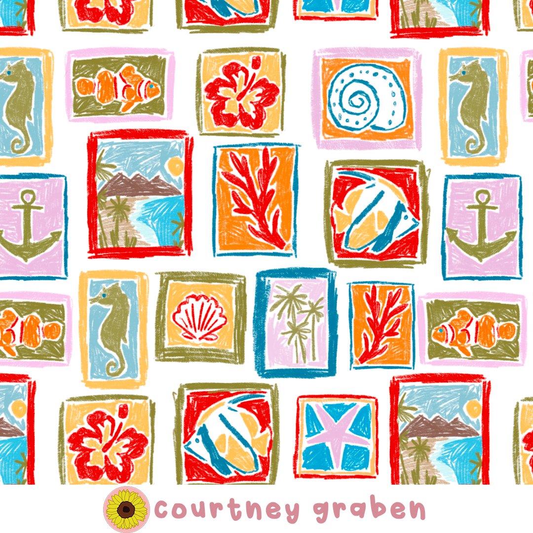 Hand Drawn Tropical Surface Pattern/ Textile Print Design by Courtney Graben. 

 Available for freelance work instagram.com/courtneygraben… 

#design #surfacepattern #surfacepatterndesign #textiledesign #textileprintdesign #illustration #digitalart #kidsillustration #coastal