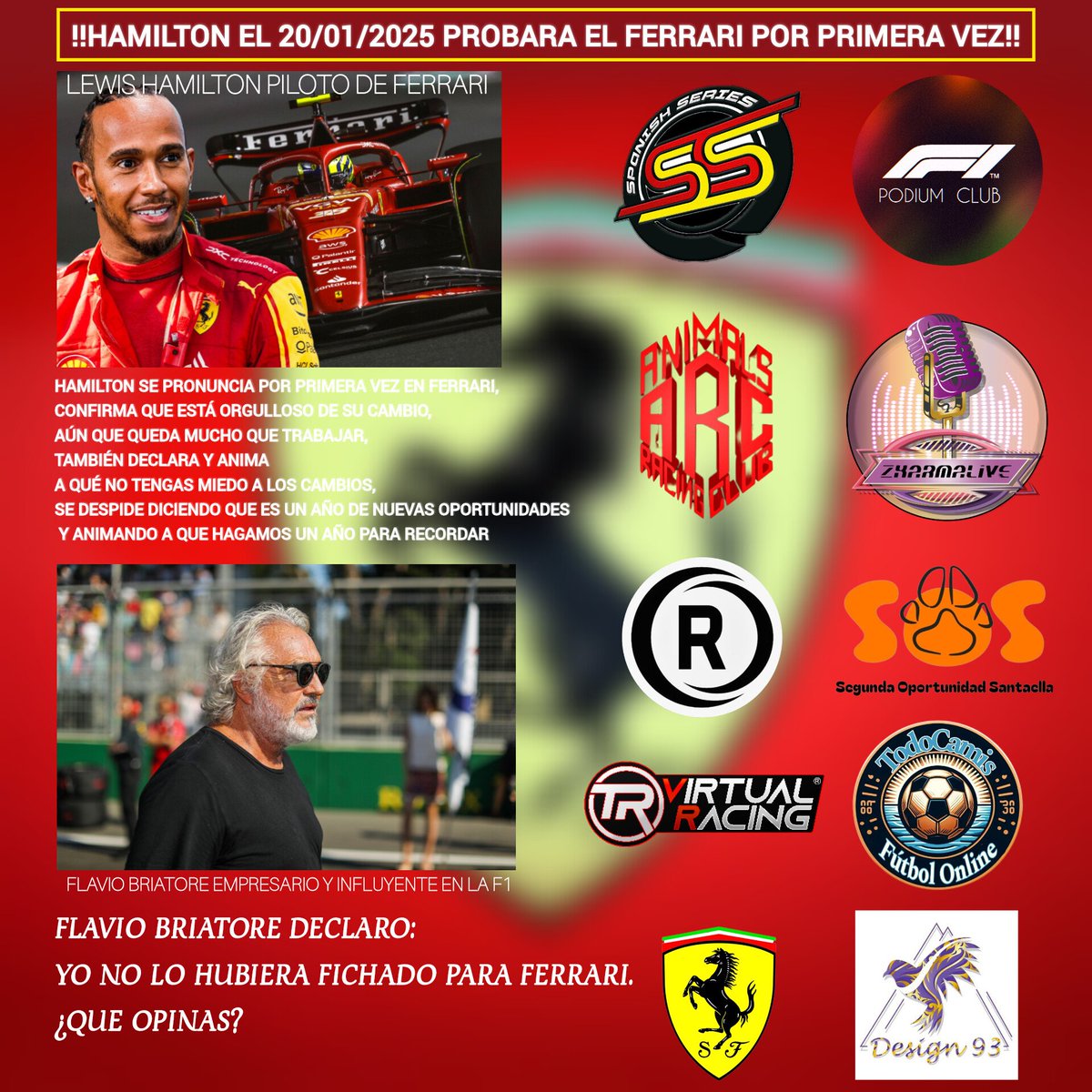 F1 PODIUM CLUB (@f1podiumclub) on Twitter photo POR LO QUE PODEMOS VER ES QUE <a href="/LewisHamilton/">Lewis Hamilton</a> COMENZARÁ ESTE 2025 CON MUCHA MOTIVACION!
HAY CRITICAS TRAS EL FICHAJE, YA QUE VARIOS VEN MAS OPTIMO A <a href="/Carlossainz55/">Carlos Sainz</a> COMO PILOTO DE FERRARI Y OTROS QUE NO CREEN COMO <a href="/Briatore/">Flavio Briatore</a> QUE HAMILTON HAYA SIDO UN BUEN FICHAJE.
QUE OPINAN? POR LO QUE PODEMOS VER ES QUE <a href="/LewisHamilton/">Lewis Hamilton</a> COMENZARÁ ESTE 2025 CON MUCHA MOTIVACION!
HAY CRITICAS TRAS EL FICHAJE, YA QUE VARIOS VEN MAS OPTIMO A <a href="/Carlossainz55/">Carlos Sainz</a> COMO PILOTO DE FERRARI Y OTROS QUE NO CREEN COMO <a href="/Briatore/">Flavio Briatore</a> QUE HAMILTON HAYA SIDO UN BUEN FICHAJE.
QUE OPINAN?